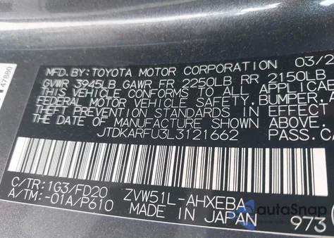 2020 Toyota Prius Le z USA, uszkodzony, nr VIN JTDKARFU3L3121662